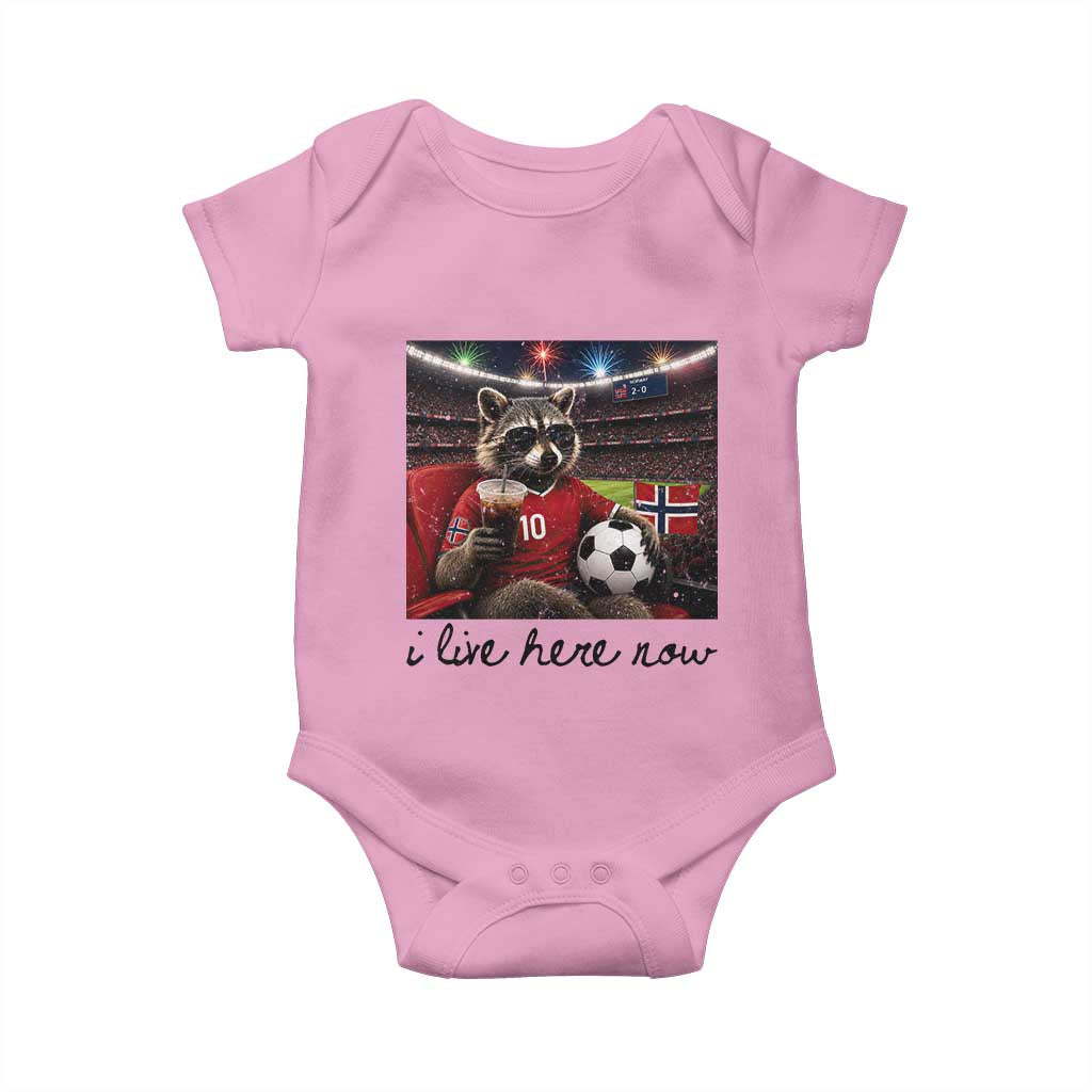Norway Soccer Football Fan Norge Norwegian Flag Baby Onesie Funny Raccoon I Live Here Now