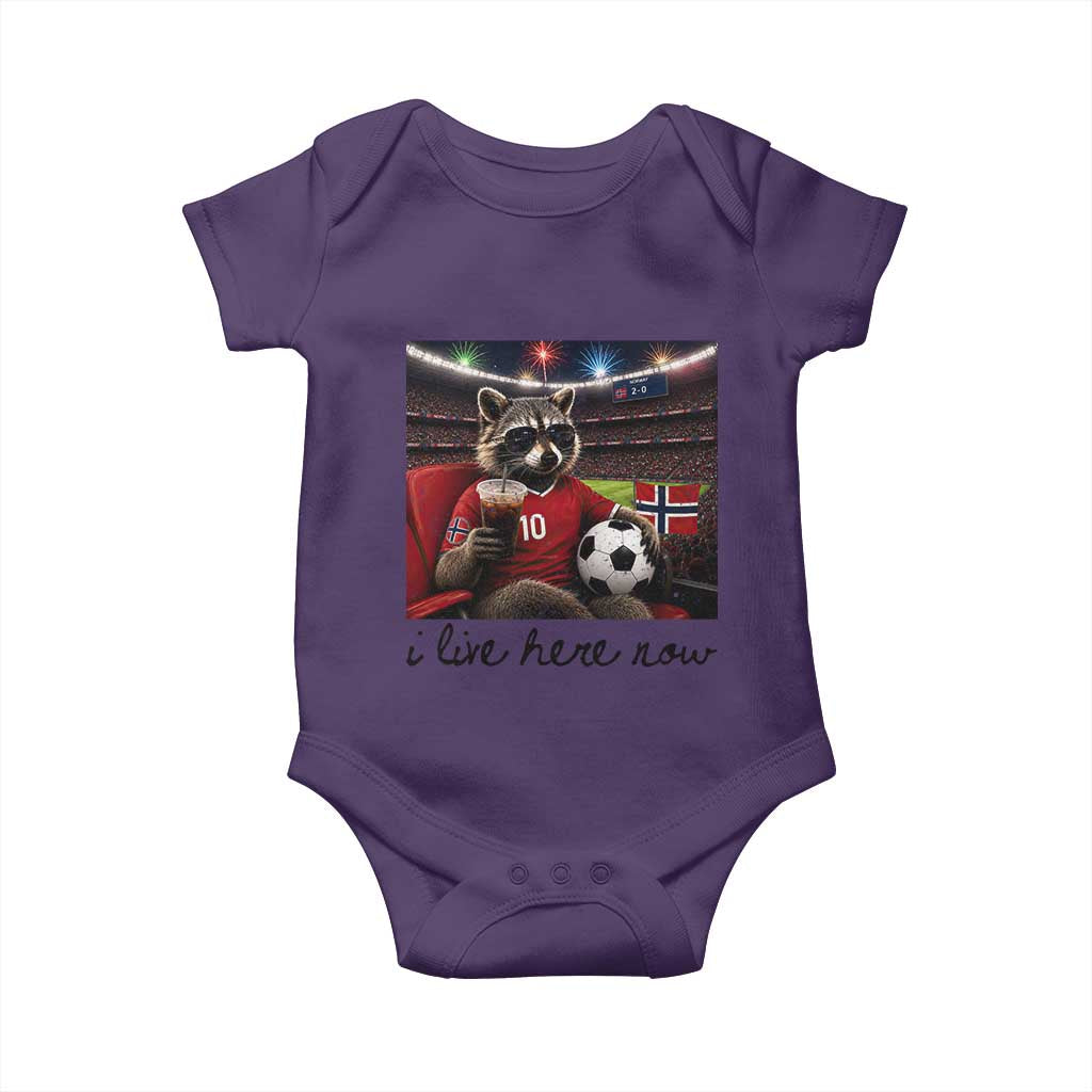Norway Soccer Football Fan Norge Norwegian Flag Baby Onesie Funny Raccoon I Live Here Now
