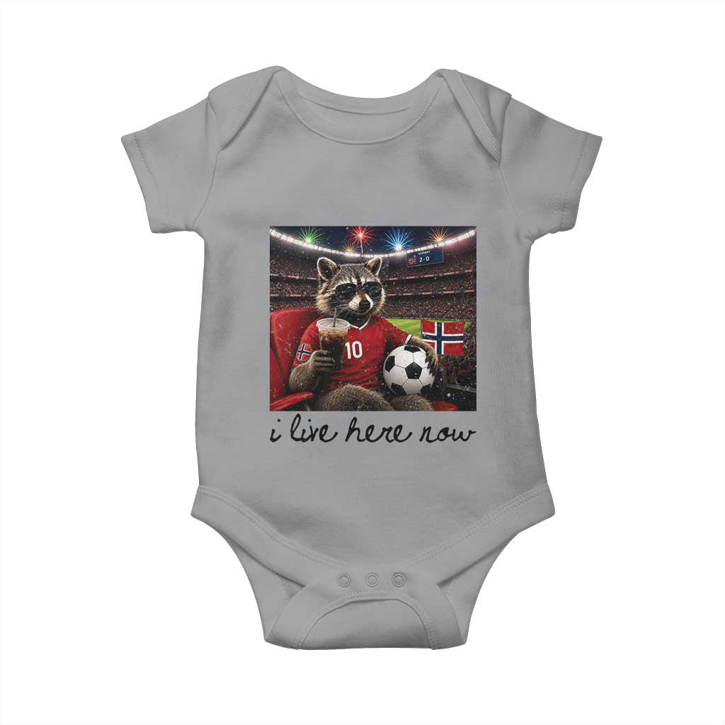 Norway Soccer Football Fan Norge Norwegian Flag Baby Onesie Funny Raccoon I Live Here Now