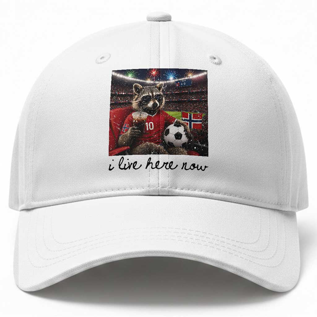 Norway Soccer Football Fan Norge Norwegian Flag Baseball Cap Funny Raccoon I Live Here Now