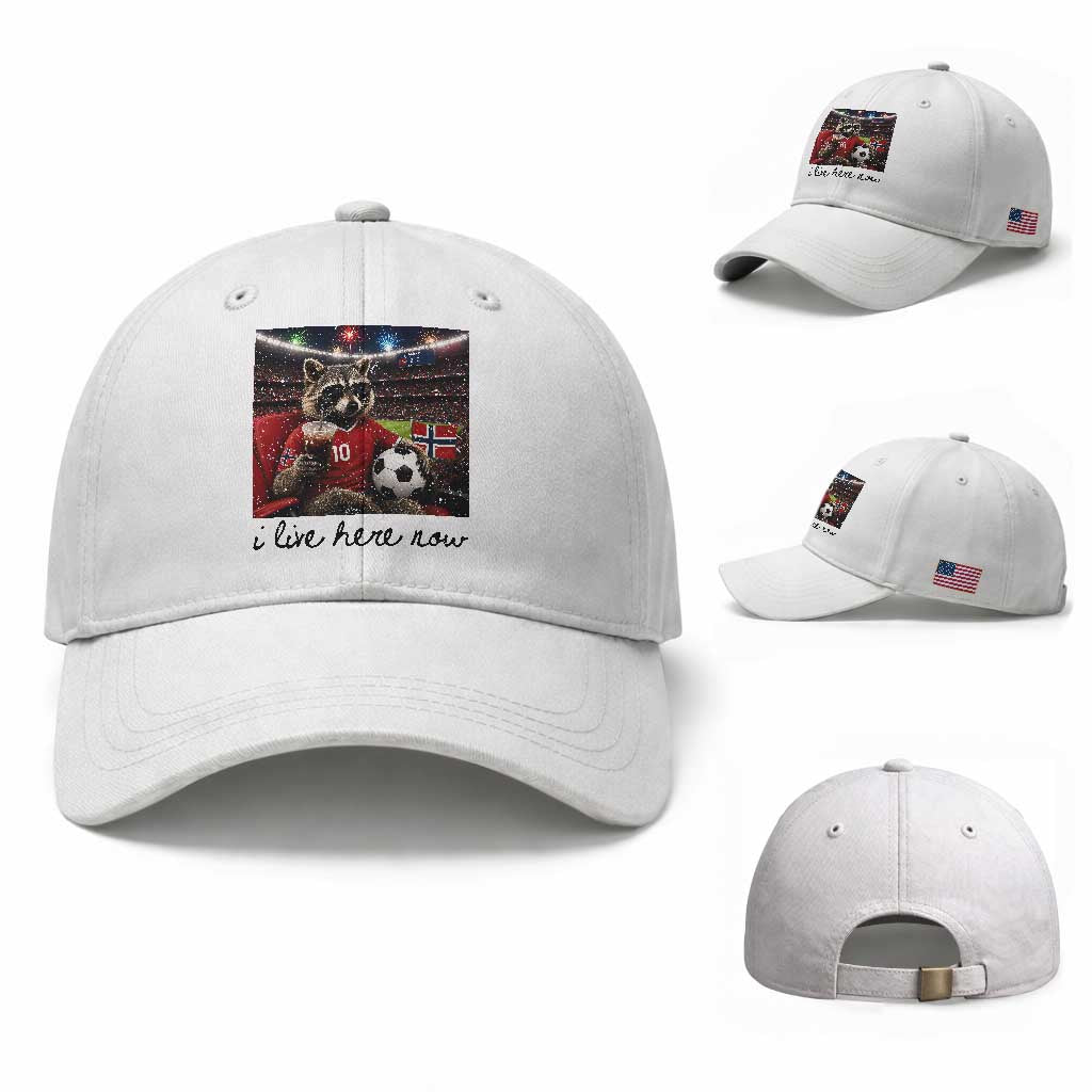 Norway Soccer Football Fan Norge Norwegian Flag Baseball Cap Funny Raccoon I Live Here Now