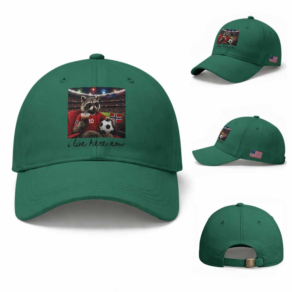 Norway Soccer Football Fan Norge Norwegian Flag Baseball Cap Funny Raccoon I Live Here Now
