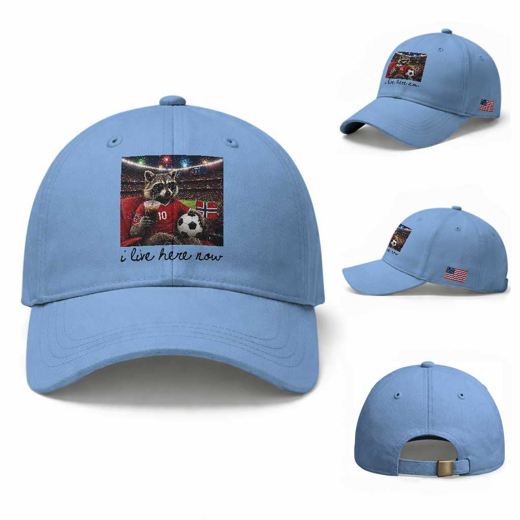 Norway Soccer Football Fan Norge Norwegian Flag Baseball Cap Funny Raccoon I Live Here Now