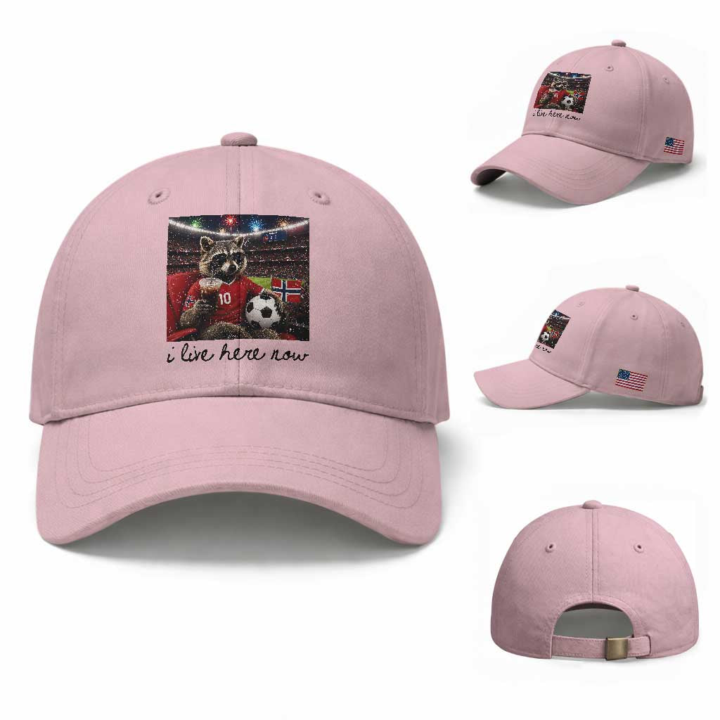 Norway Soccer Football Fan Norge Norwegian Flag Baseball Cap Funny Raccoon I Live Here Now