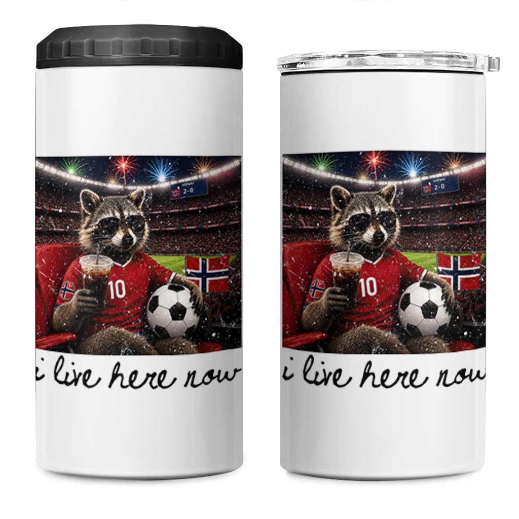 Norway Soccer Football Fan Norge Norwegian Flag 4 in 1 Can Cooler Tumbler Funny Raccoon I Live Here Now