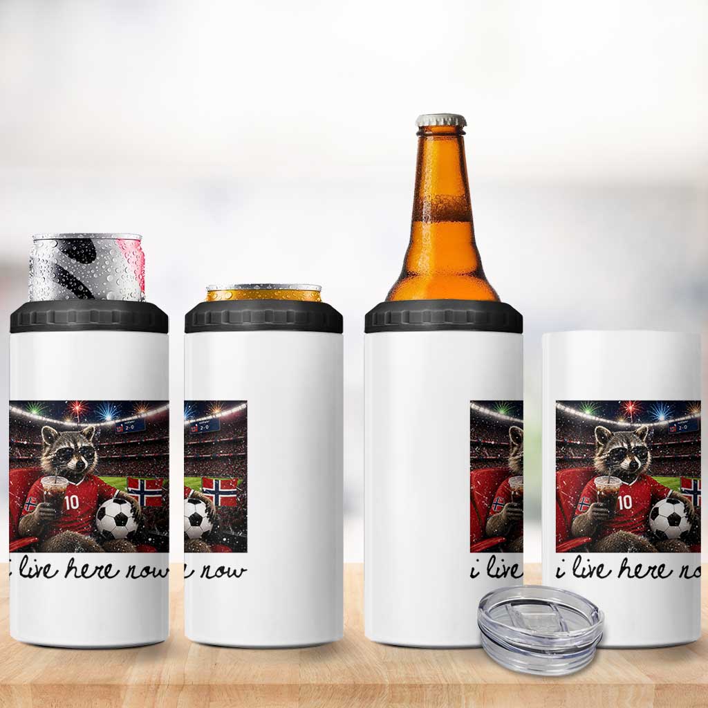 Norway Soccer Football Fan Norge Norwegian Flag 4 in 1 Can Cooler Tumbler Funny Raccoon I Live Here Now