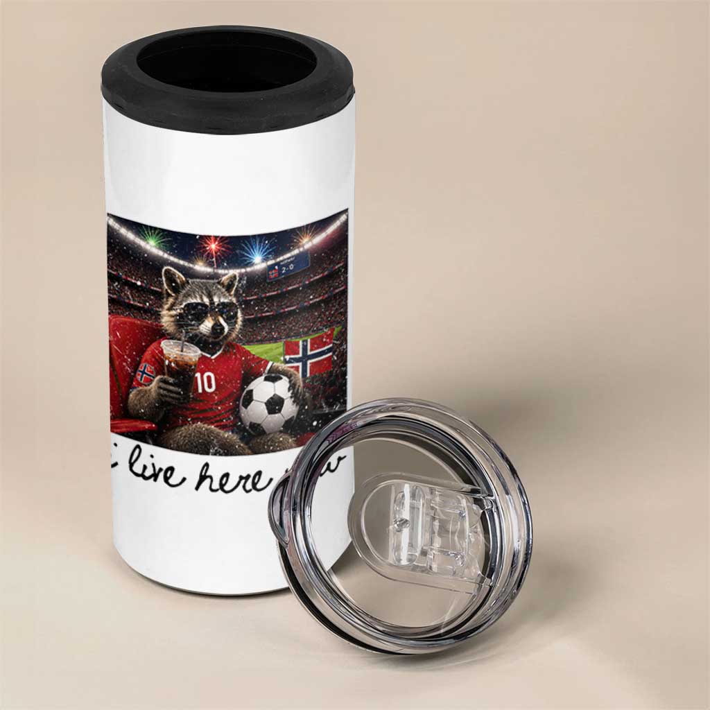 Norway Soccer Football Fan Norge Norwegian Flag 4 in 1 Can Cooler Tumbler Funny Raccoon I Live Here Now