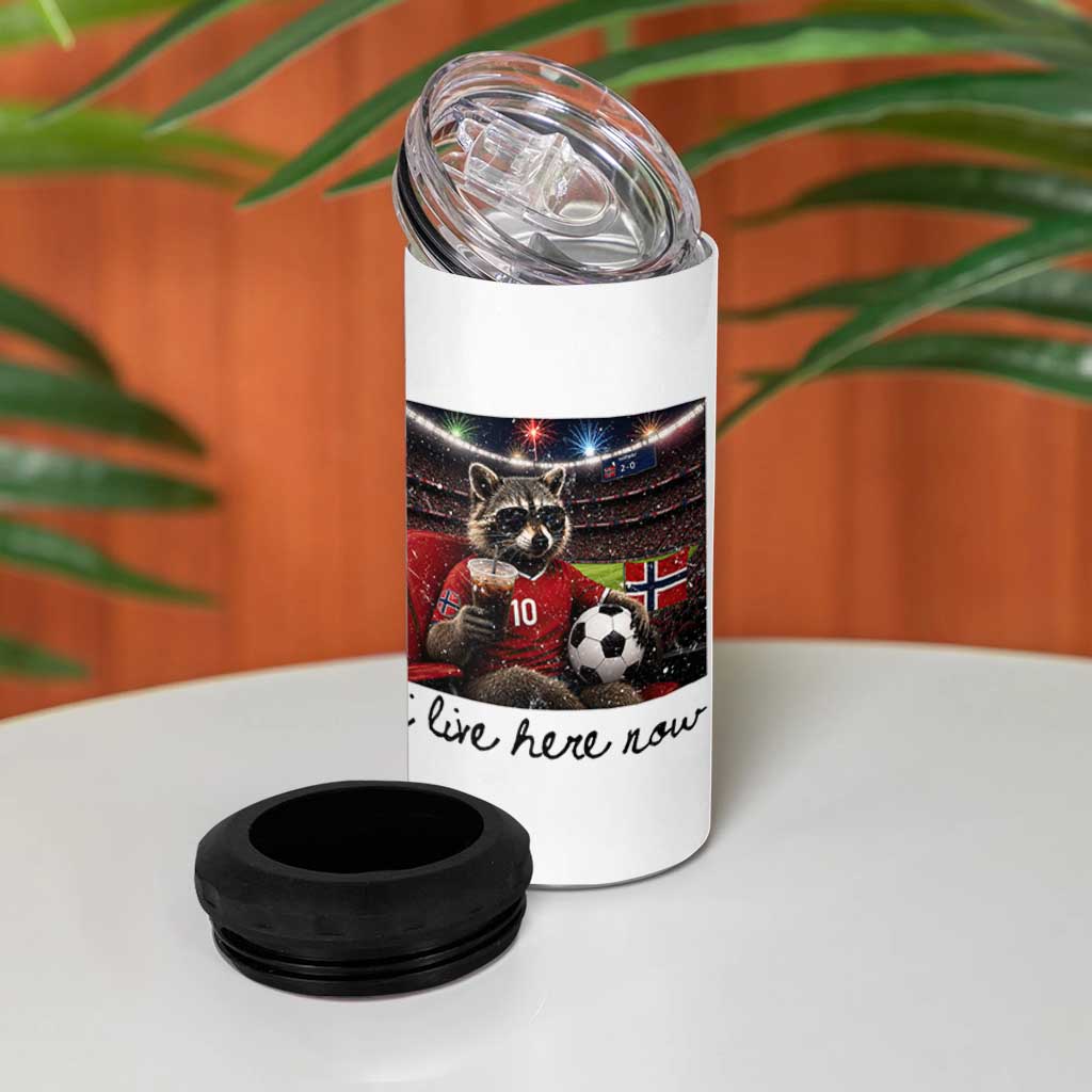 Norway Soccer Football Fan Norge Norwegian Flag 4 in 1 Can Cooler Tumbler Funny Raccoon I Live Here Now