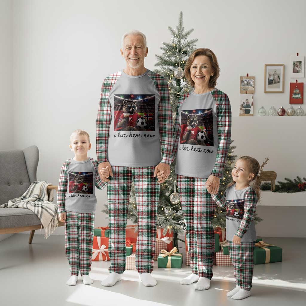 Norway Soccer Football Fan Norge Norwegian Flag Plaid Pajama Set Funny Raccoon I Live Here Now