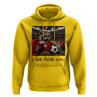 Norway Soccer Football Fan Norge Norwegian Flag Hoodie Funny Raccoon I Live Here Now