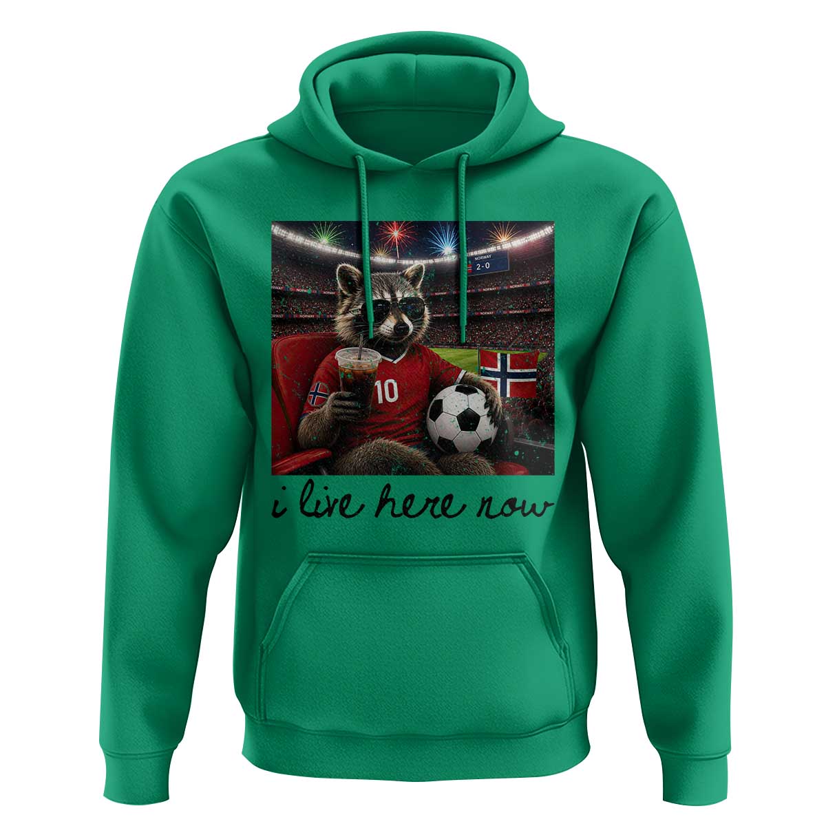 Norway Soccer Football Fan Norge Norwegian Flag Hoodie Funny Raccoon I Live Here Now
