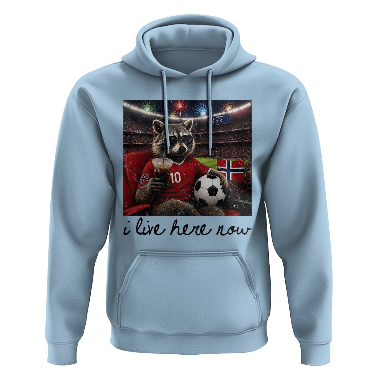 Norway Soccer Football Fan Norge Norwegian Flag Hoodie Funny Raccoon I Live Here Now