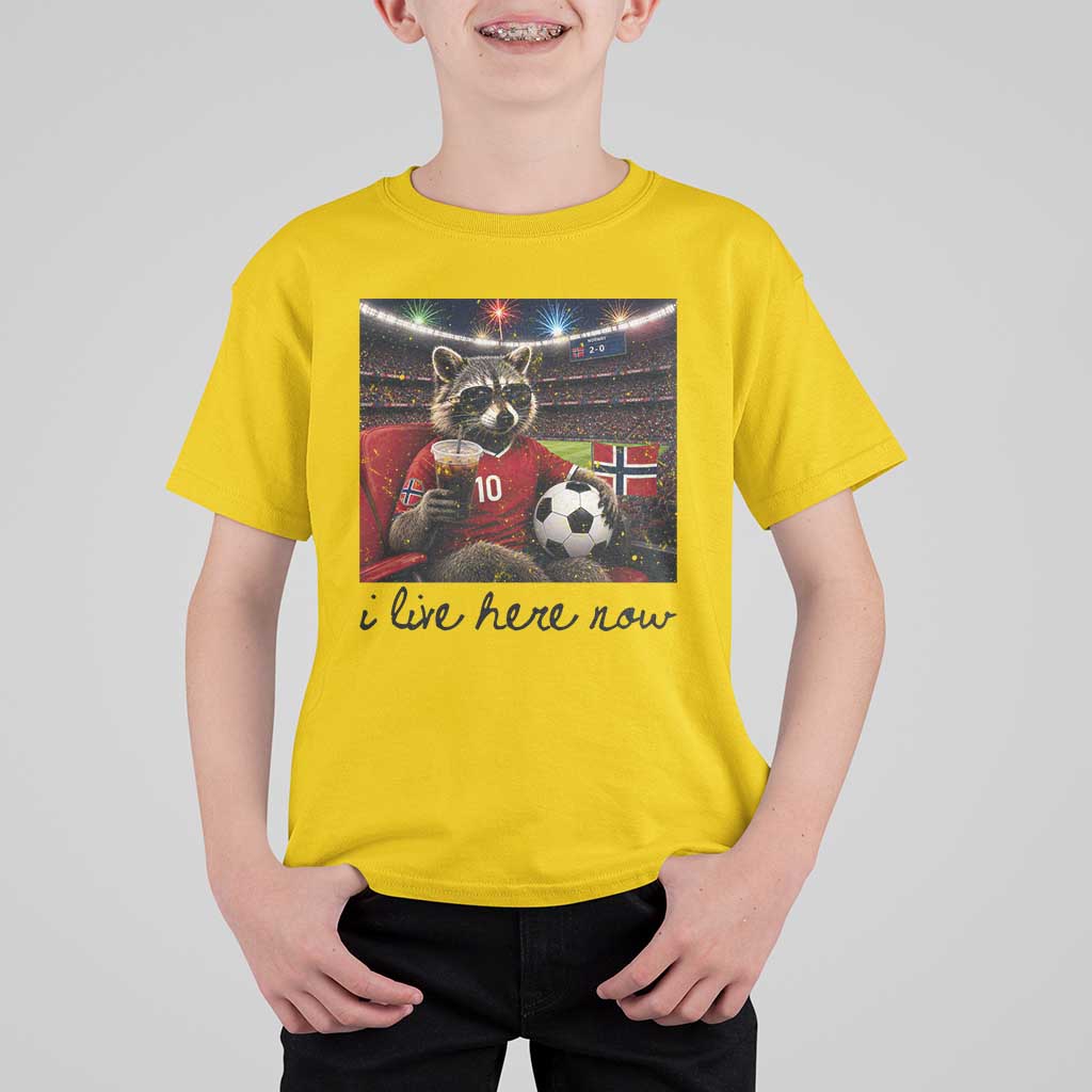 Norway Soccer Football Fan Norge Norwegian Flag T Shirt For Kid Funny Raccoon I Live Here Now