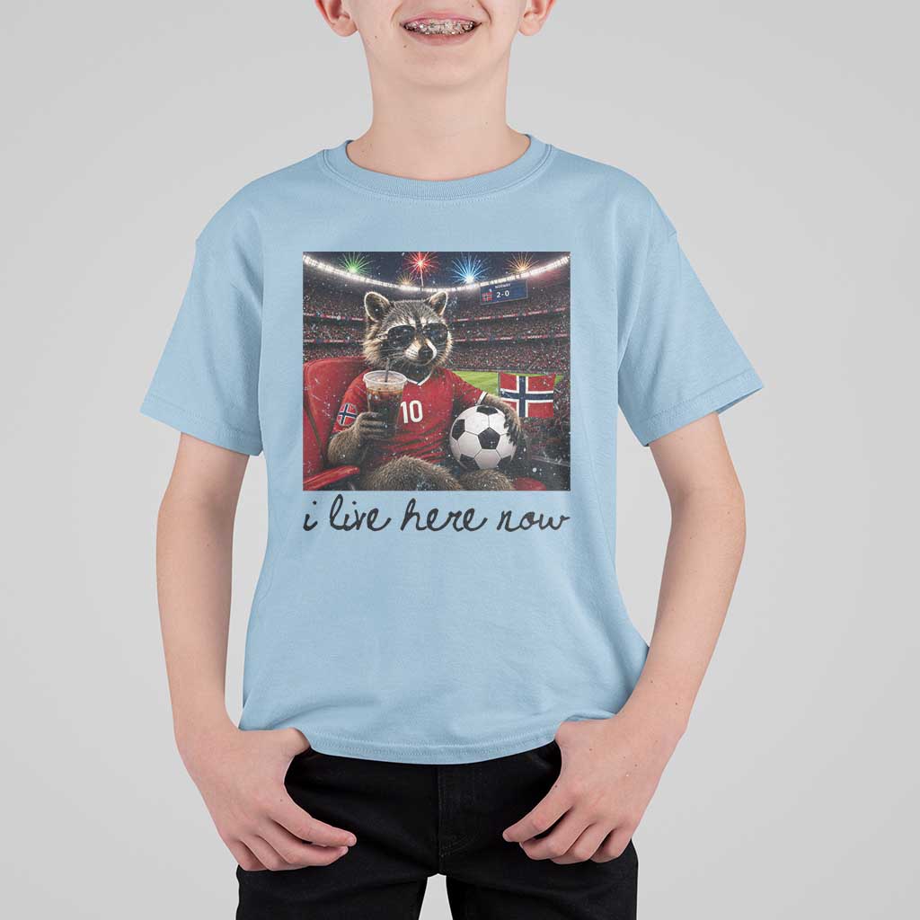 Norway Soccer Football Fan Norge Norwegian Flag T Shirt For Kid Funny Raccoon I Live Here Now