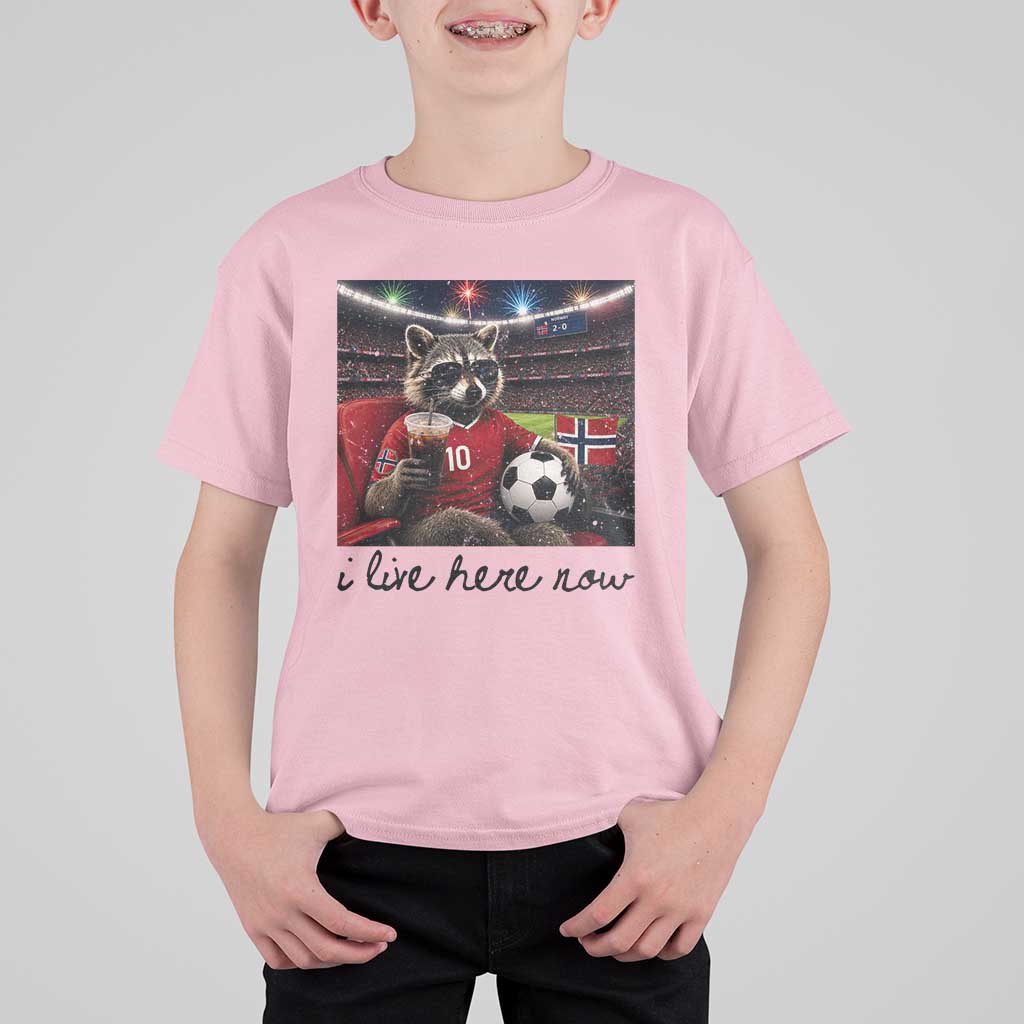 Norway Soccer Football Fan Norge Norwegian Flag T Shirt For Kid Funny Raccoon I Live Here Now
