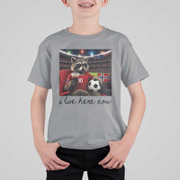 Norway Soccer Football Fan Norge Norwegian Flag T Shirt For Kid Funny Raccoon I Live Here Now