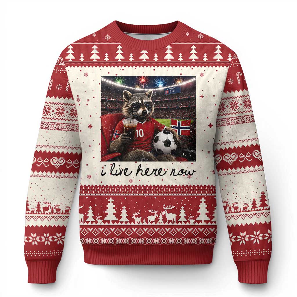 Norway Soccer Football Fan Norge Norwegian Flag Ugly Christmas Sweater Funny Raccoon I Live Here Now