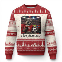 Norway Soccer Football Fan Norge Norwegian Flag Ugly Christmas Sweater Funny Raccoon I Live Here Now