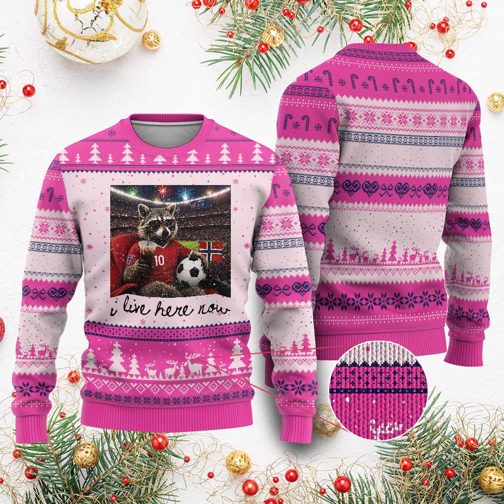 Norway Soccer Football Fan Norge Norwegian Flag Ugly Christmas Sweater Funny Raccoon I Live Here Now