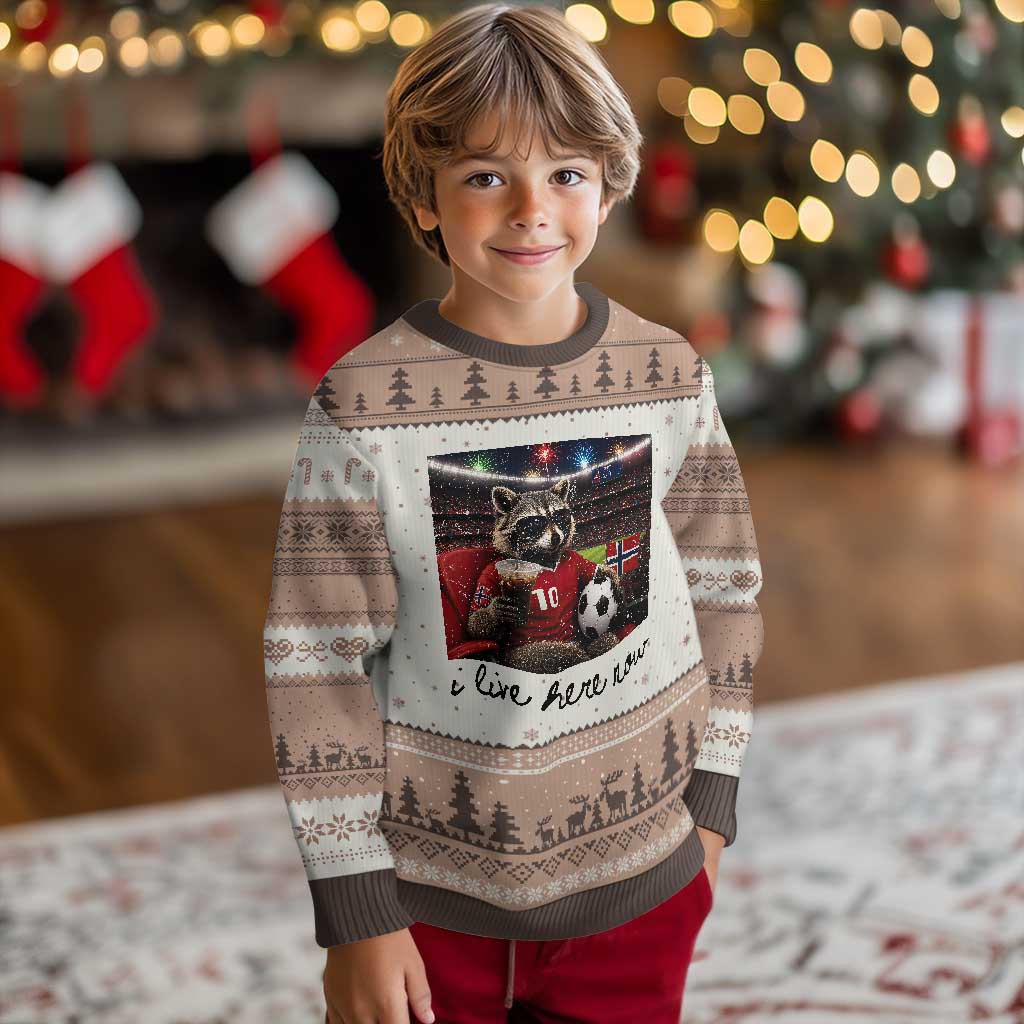Norway Soccer Football Fan Norge Norwegian Flag Ugly Christmas Sweater Funny Raccoon I Live Here Now