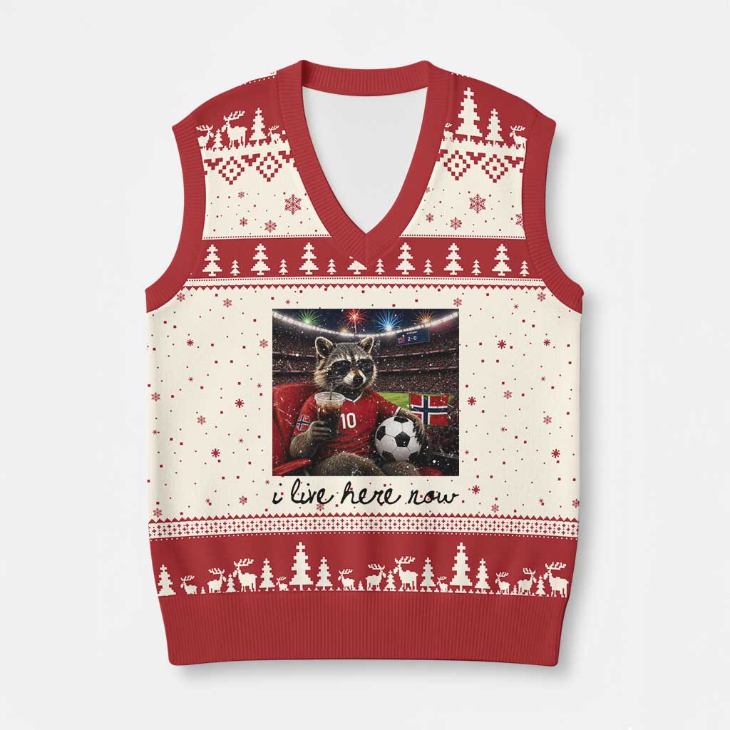 Norway Soccer Football Fan Norge Norwegian Flag V-Neck Knit Sweater Vest Funny Raccoon I Live Here Now