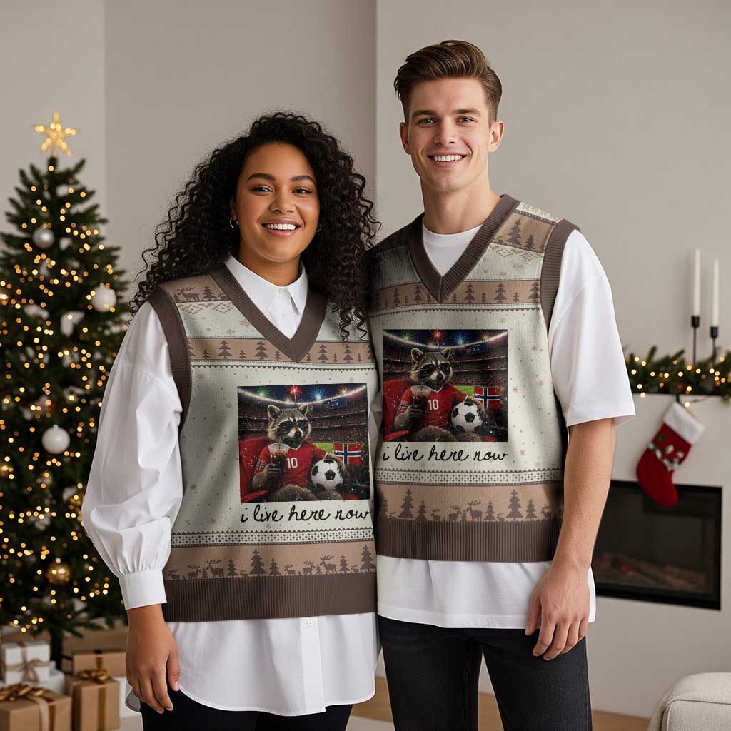 Norway Soccer Football Fan Norge Norwegian Flag V-Neck Knit Sweater Vest Funny Raccoon I Live Here Now