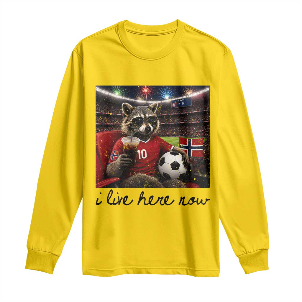 Norway Soccer Football Fan Norge Norwegian Flag Long Sleeve Shirt Funny Raccoon I Live Here Now