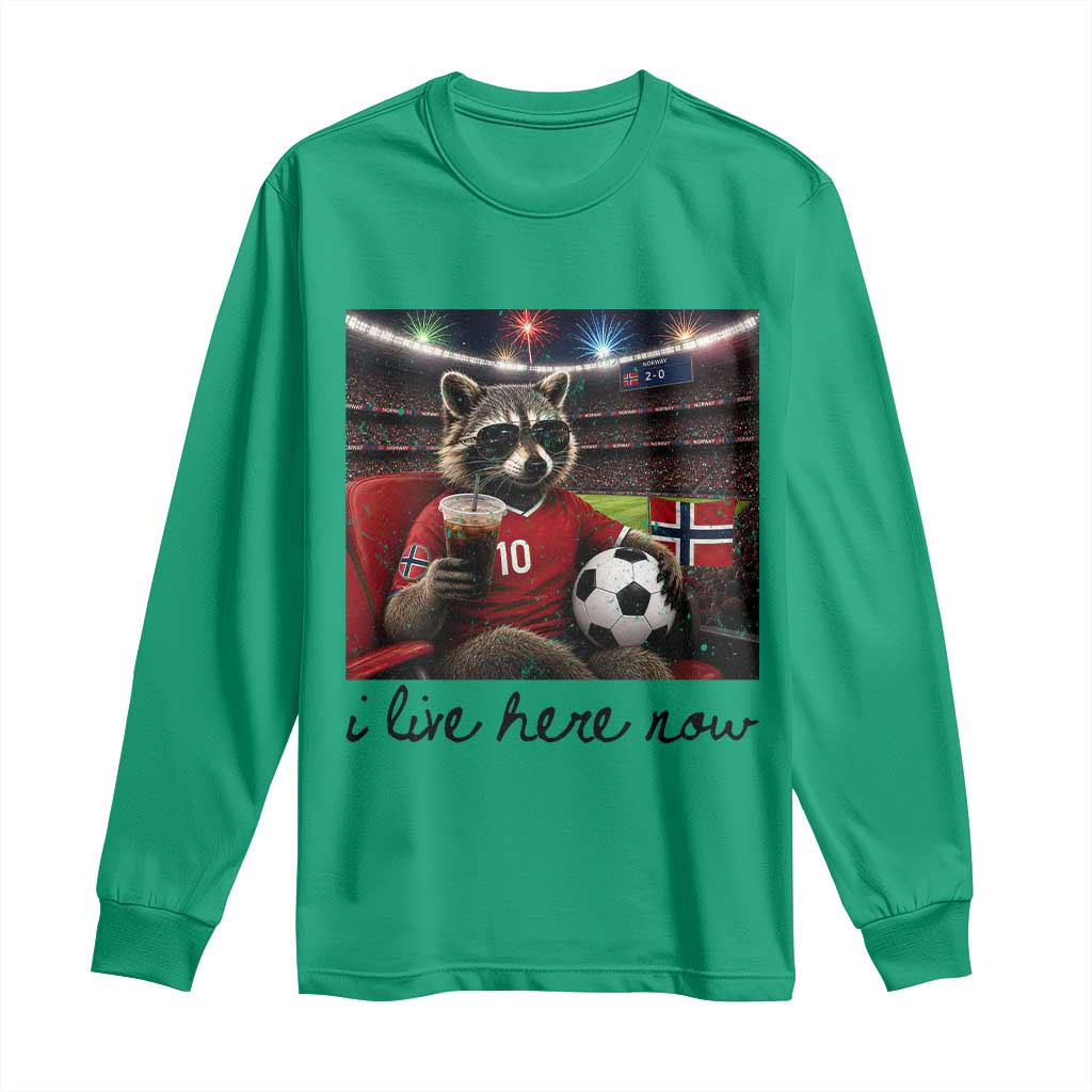 Norway Soccer Football Fan Norge Norwegian Flag Long Sleeve Shirt Funny Raccoon I Live Here Now