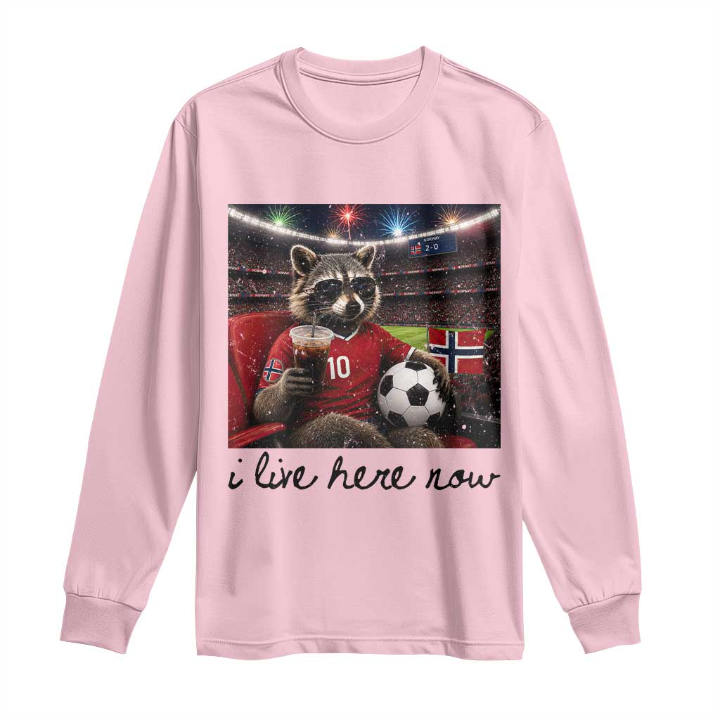 Norway Soccer Football Fan Norge Norwegian Flag Long Sleeve Shirt Funny Raccoon I Live Here Now