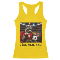 Norway Soccer Football Fan Norge Norwegian Flag Racerback Tank Top Funny Raccoon I Live Here Now