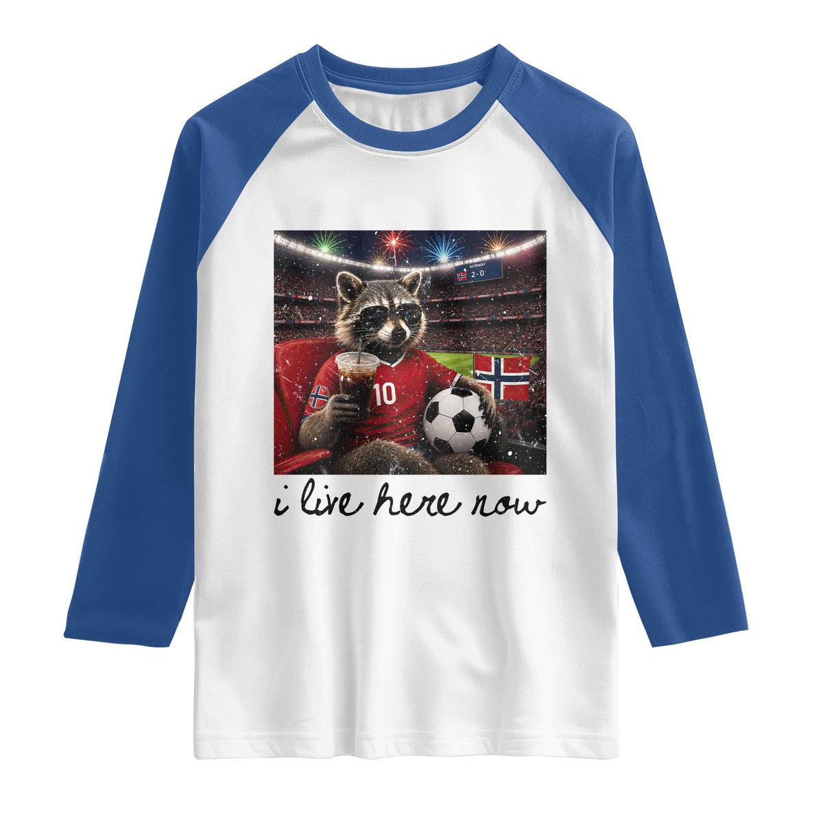 Norway Soccer Football Fan Norge Norwegian Flag Raglan Shirt Funny Raccoon I Live Here Now