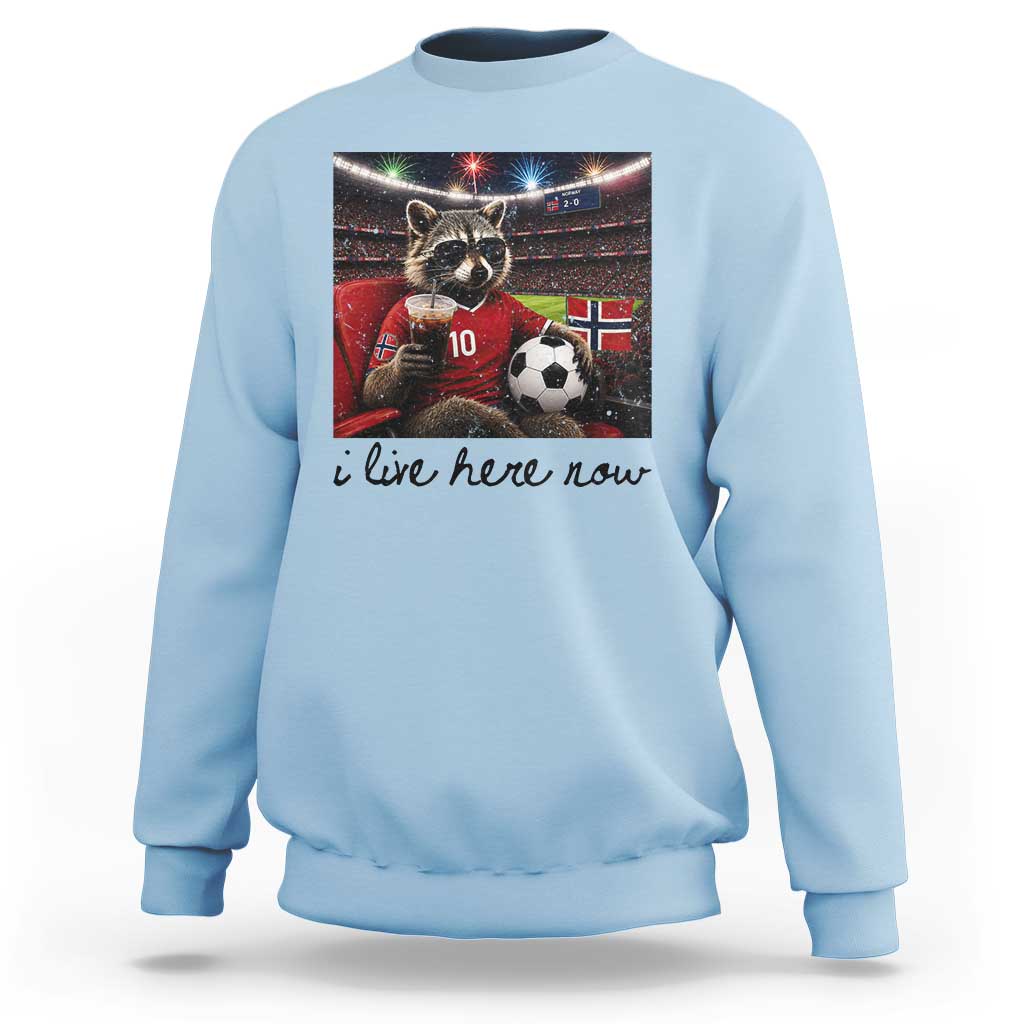 Norway Soccer Football Fan Norge Norwegian Flag Sweatshirt Funny Raccoon I Live Here Now
