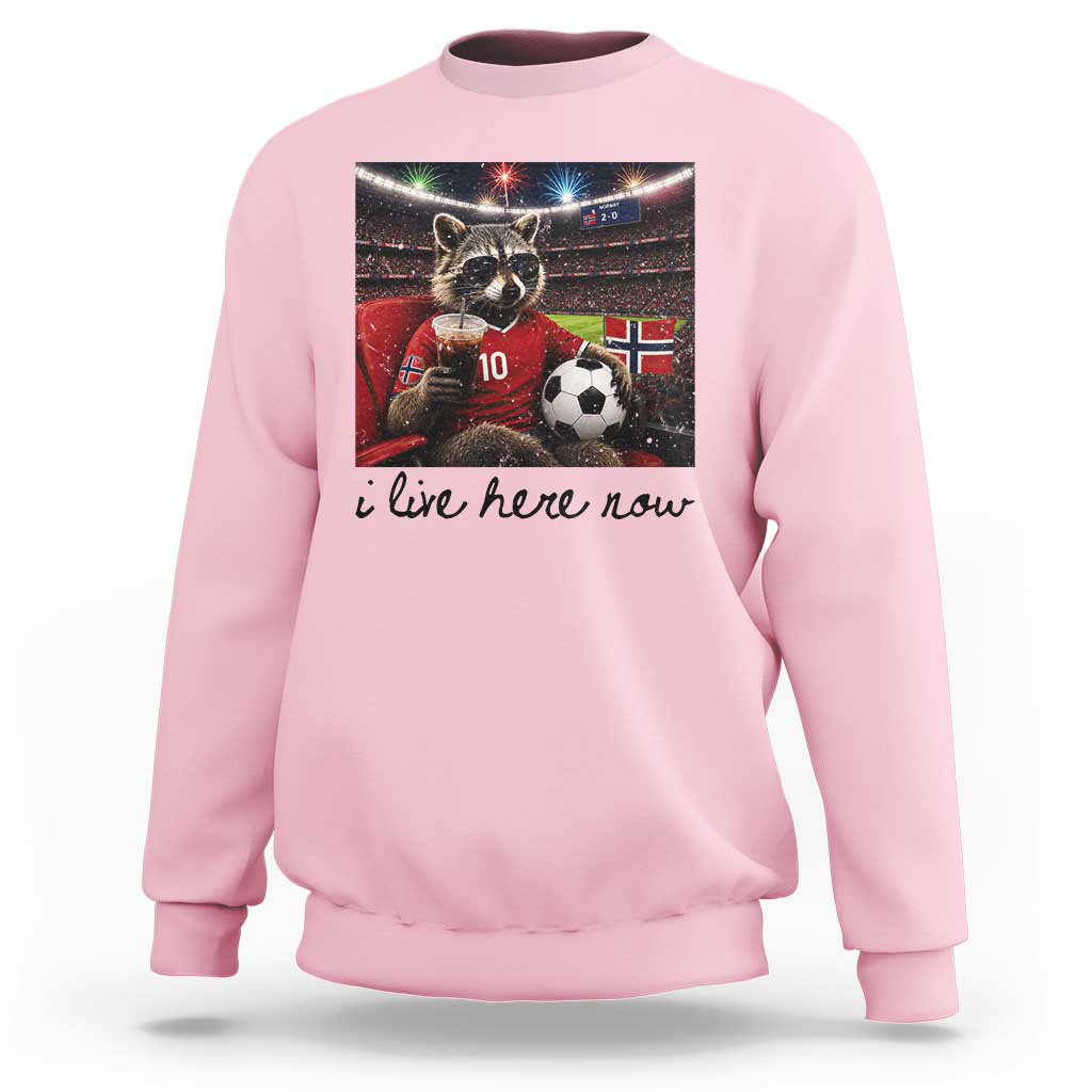 Norway Soccer Football Fan Norge Norwegian Flag Sweatshirt Funny Raccoon I Live Here Now
