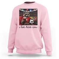 Norway Soccer Football Fan Norge Norwegian Flag Sweatshirt Funny Raccoon I Live Here Now