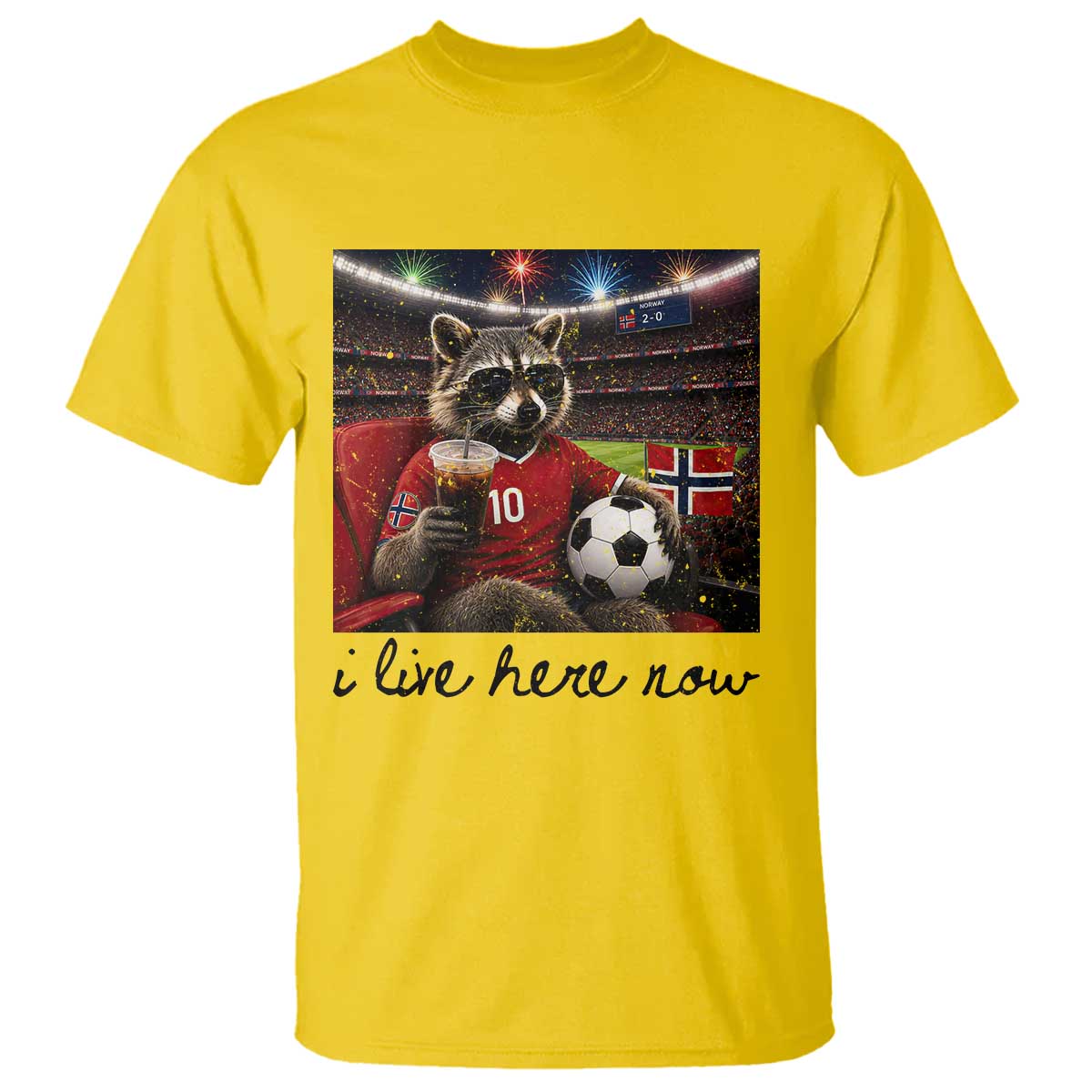Norway Soccer Football Fan Norge Norwegian Flag T Shirt Funny Raccoon I Live Here Now
