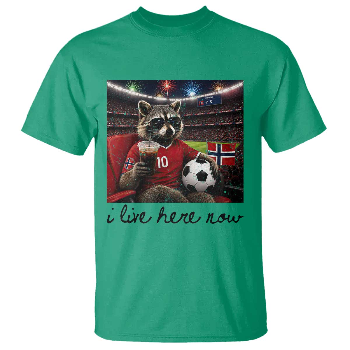 Norway Soccer Football Fan Norge Norwegian Flag T Shirt Funny Raccoon I Live Here Now