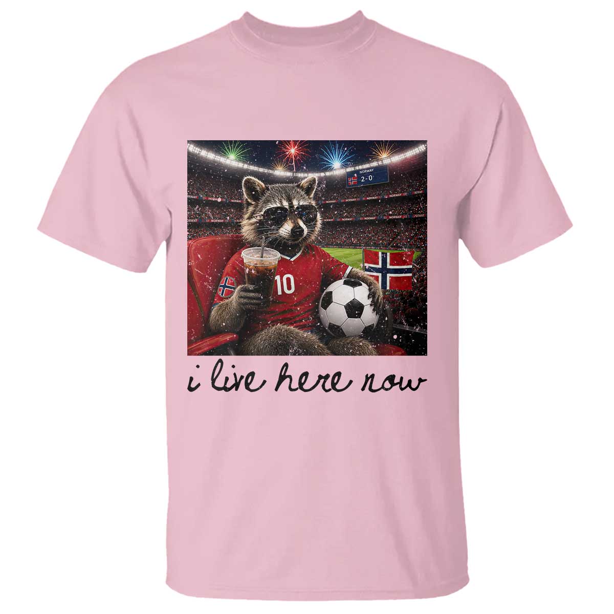 Norway Soccer Football Fan Norge Norwegian Flag T Shirt Funny Raccoon I Live Here Now