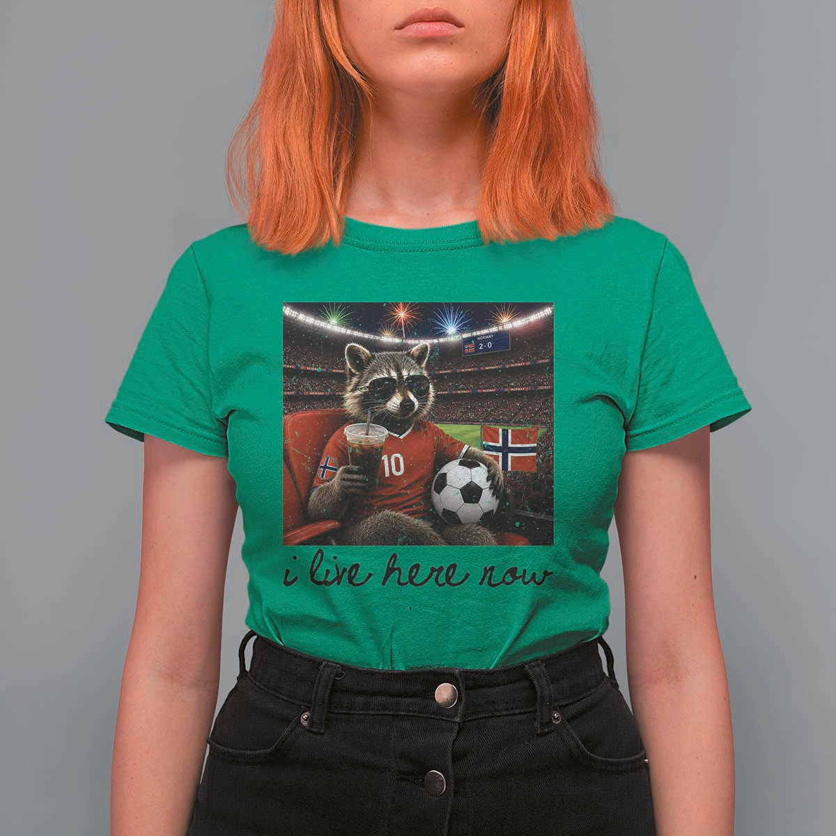 Norway Soccer Football Fan Norge Norwegian Flag T Shirt For Women Funny Raccoon I Live Here Now