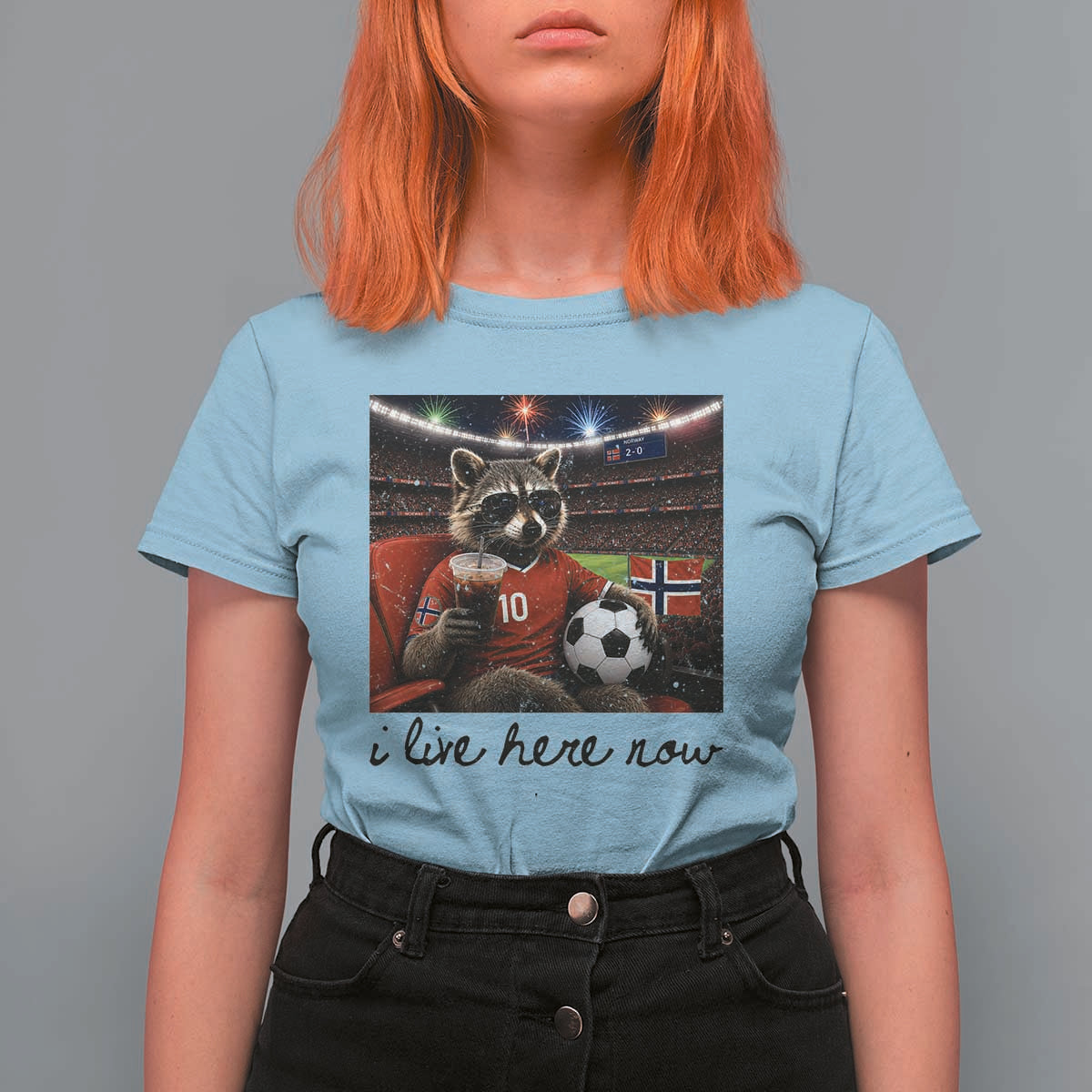 Norway Soccer Football Fan Norge Norwegian Flag T Shirt For Women Funny Raccoon I Live Here Now