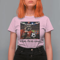 Norway Soccer Football Fan Norge Norwegian Flag T Shirt For Women Funny Raccoon I Live Here Now