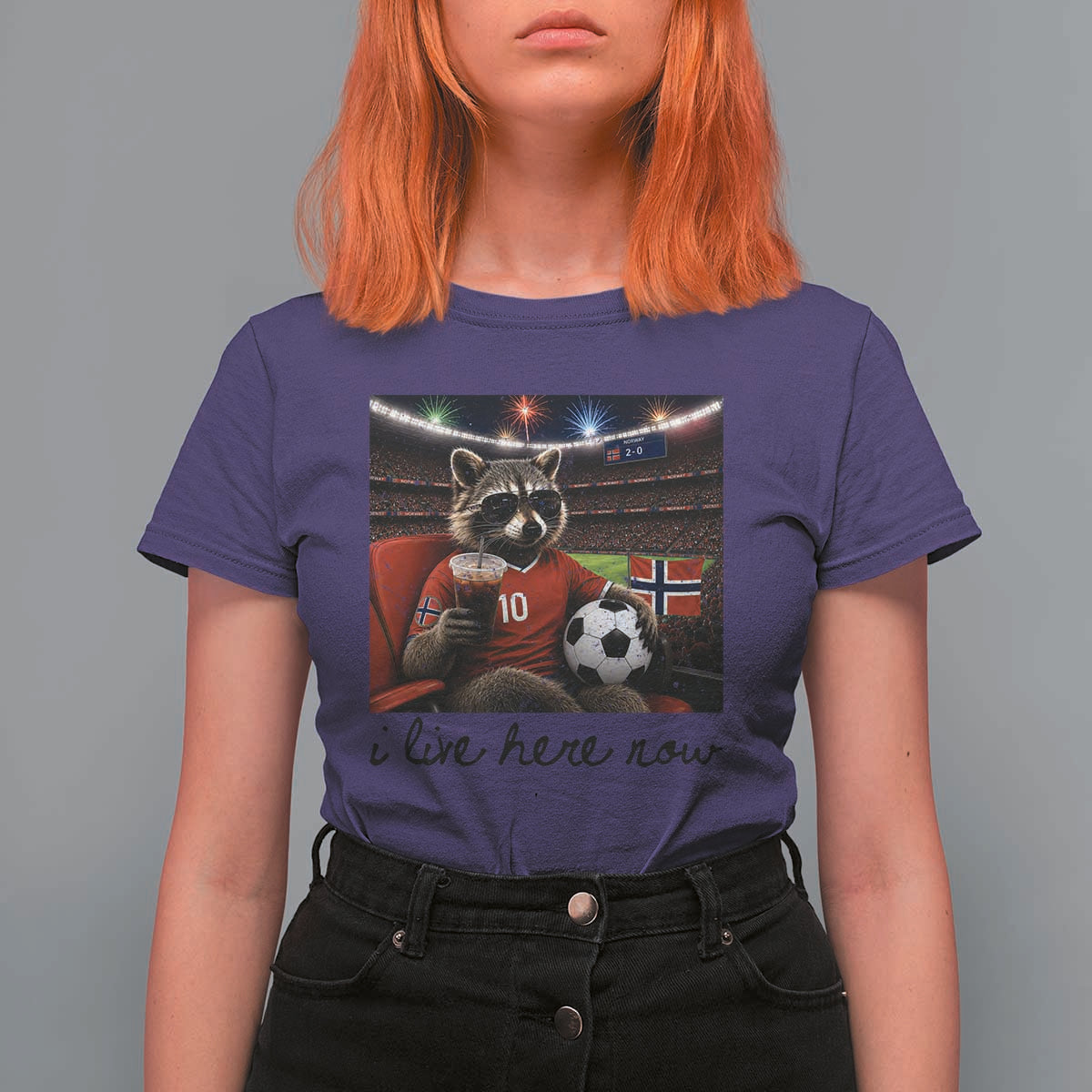 Norway Soccer Football Fan Norge Norwegian Flag T Shirt For Women Funny Raccoon I Live Here Now
