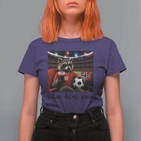 Norway Soccer Football Fan Norge Norwegian Flag T Shirt For Women Funny Raccoon I Live Here Now