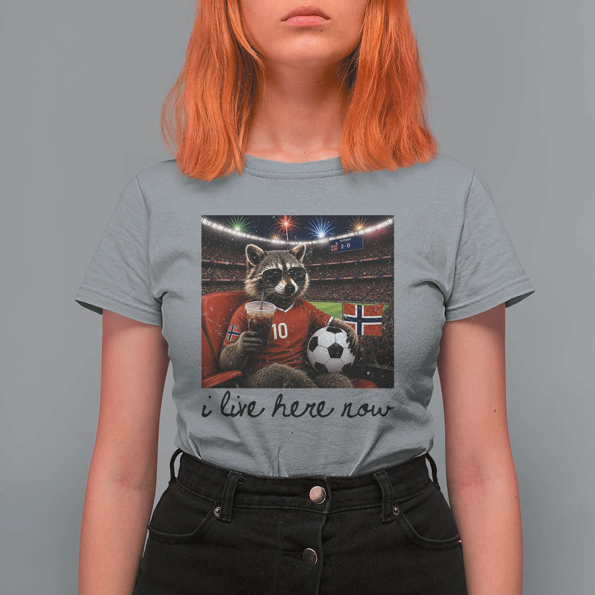 Norway Soccer Football Fan Norge Norwegian Flag T Shirt For Women Funny Raccoon I Live Here Now