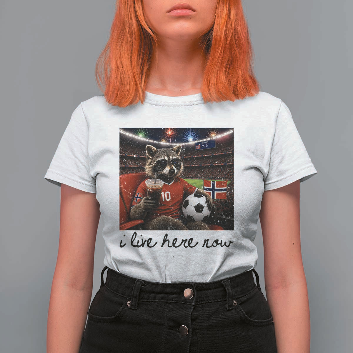 Norway Soccer Football Fan Norge Norwegian Flag T Shirt For Women Funny Raccoon I Live Here Now