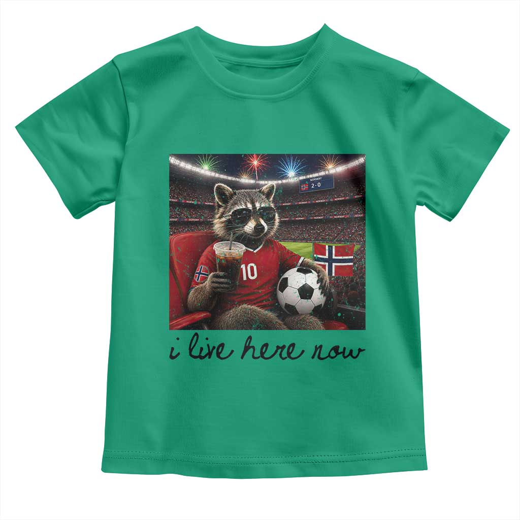 Norway Soccer Football Fan Norge Norwegian Flag Toddler T Shirt Funny Raccoon I Live Here Now