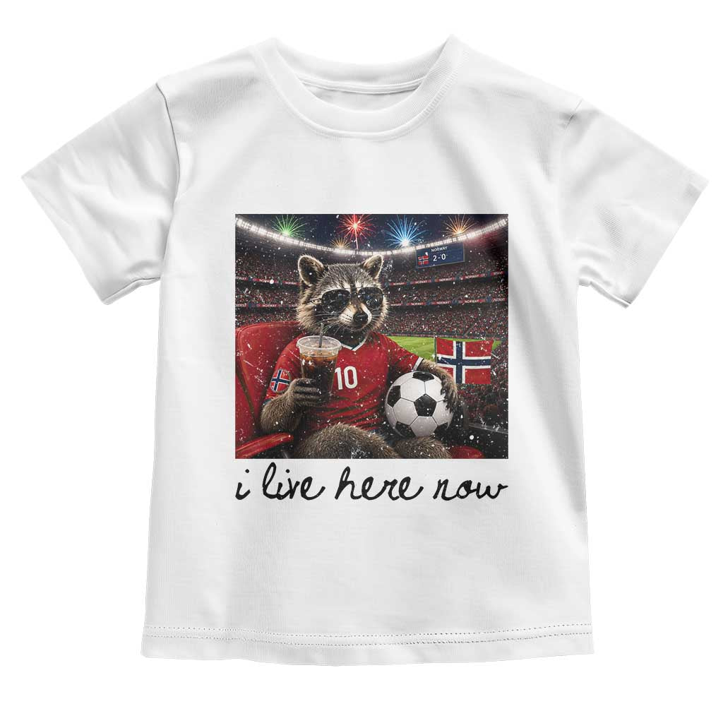Norway Soccer Football Fan Norge Norwegian Flag Toddler T Shirt Funny Raccoon I Live Here Now