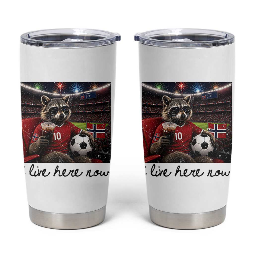 Norway Soccer Football Fan Norge Norwegian Flag Tumbler Cup Funny Raccoon I Live Here Now