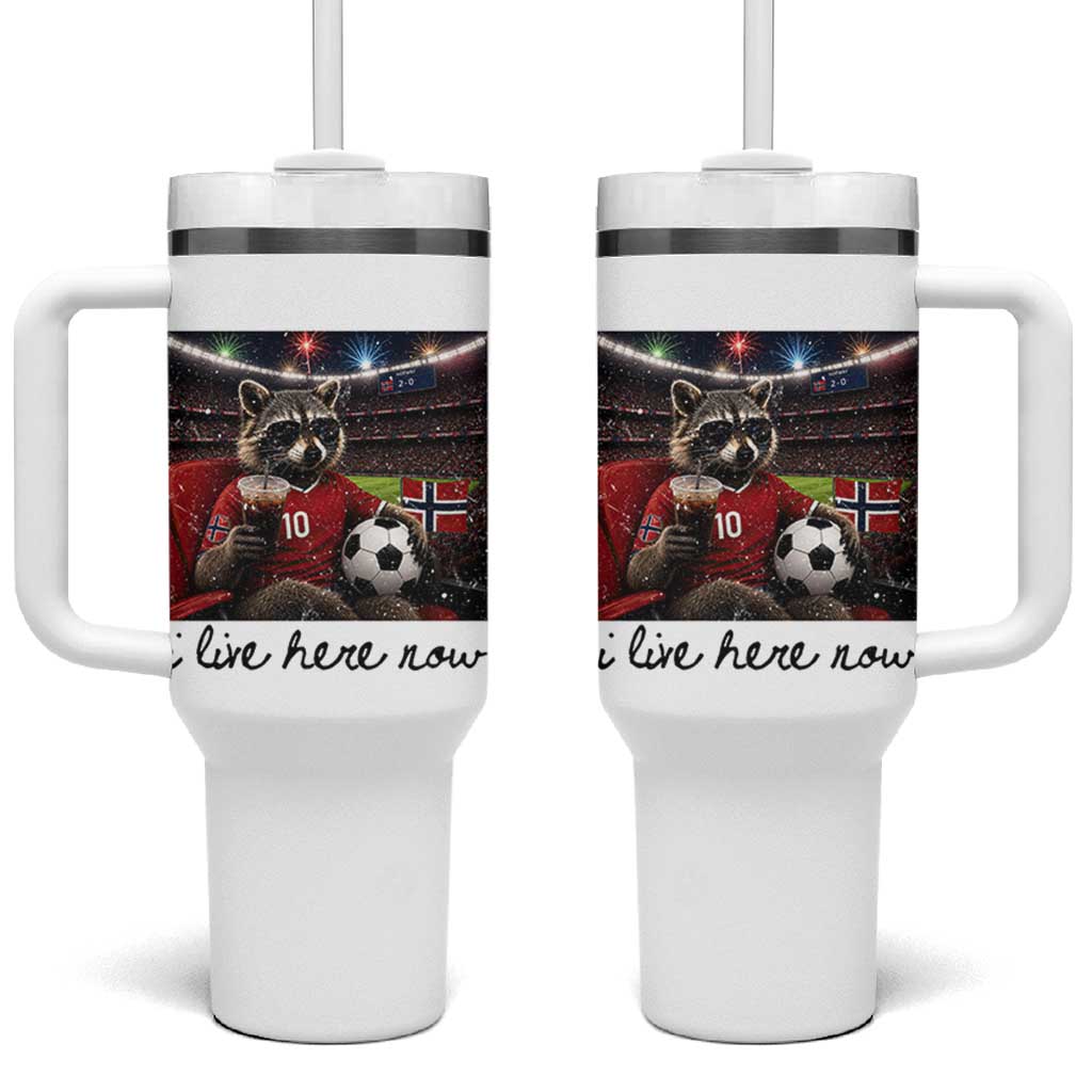 Norway Soccer Football Fan Norge Norwegian Flag Tumbler With Handle Funny Raccoon I Live Here Now