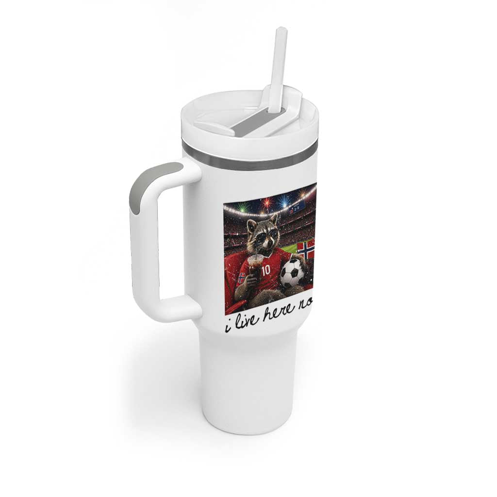 Norway Soccer Football Fan Norge Norwegian Flag Tumbler With Handle Funny Raccoon I Live Here Now