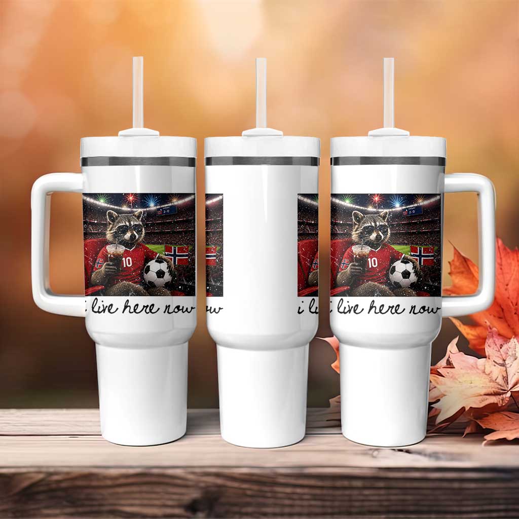 Norway Soccer Football Fan Norge Norwegian Flag Tumbler With Handle Funny Raccoon I Live Here Now